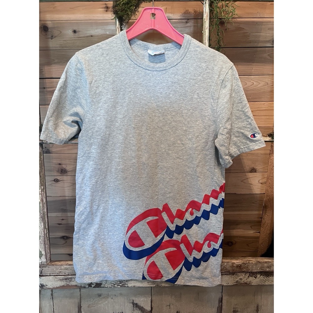 Vintage Y2K Champion T Shirt Mens M Gray Big Wraparound Logo Spellout 2000s